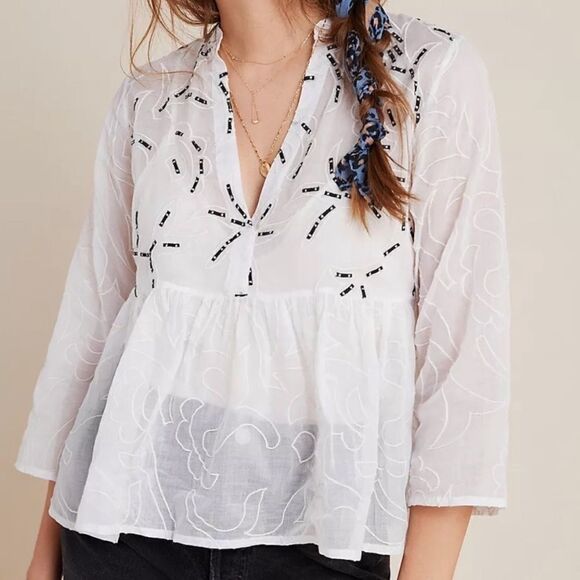 Anthropologie Tops - Amit Aggarwal Anthropologie Ramona Embroidered White Babydoll Top SIZE SMALL